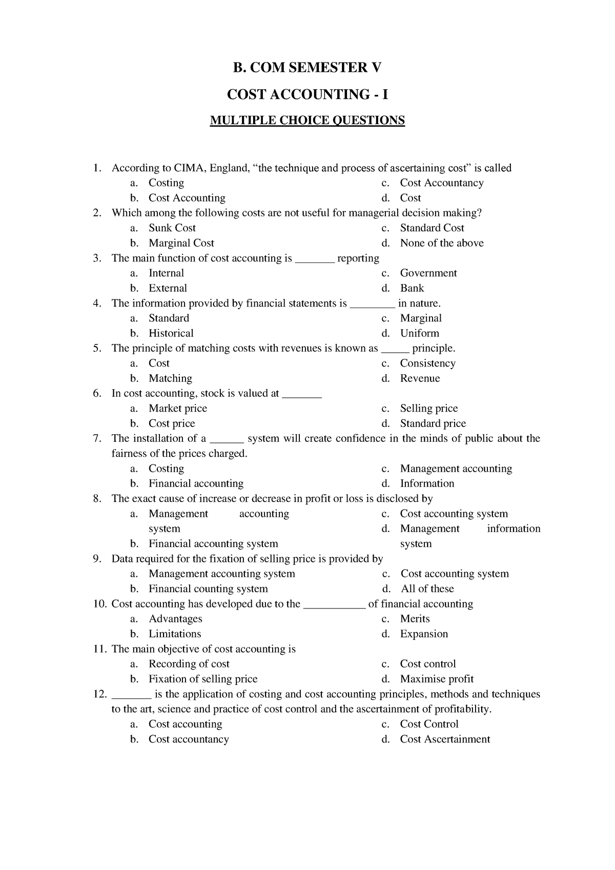 Cost Accounting I B Com Sem 5 Mcq - B. COM SEMESTER V COST ACCOUNTING ...