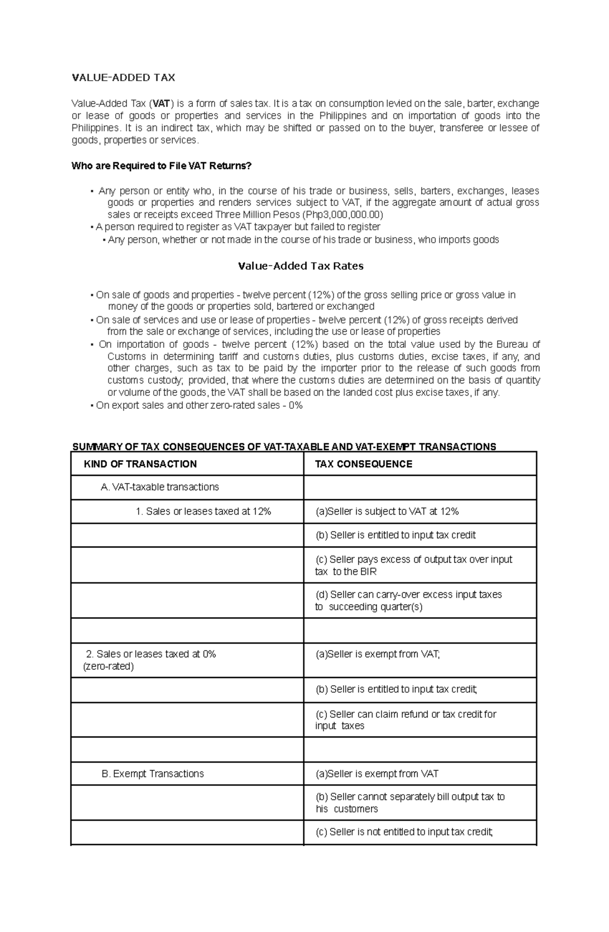 Notes ON Value Added TAX - VALUE-ADDED TAX Value-Added Tax (VAT) is a ...