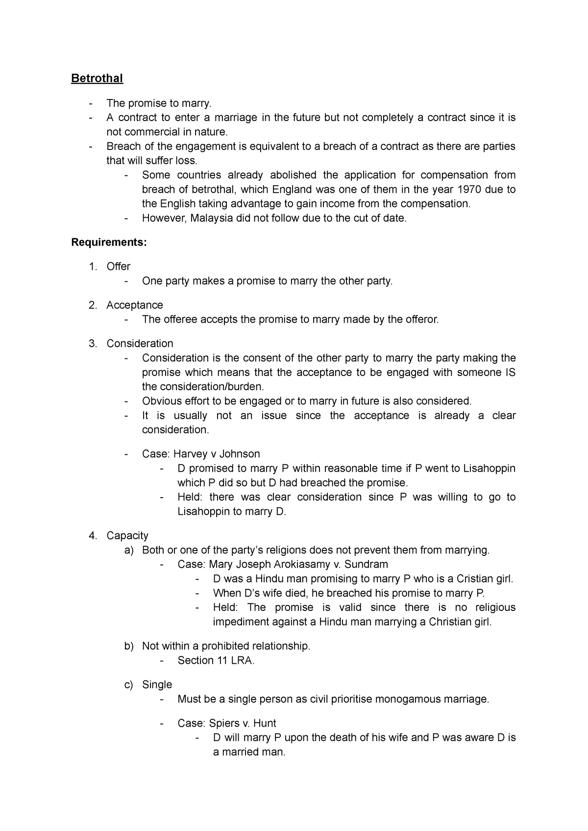 Notes bethrothal, marriage, nullity - Betrothal The promise to marry. A ...