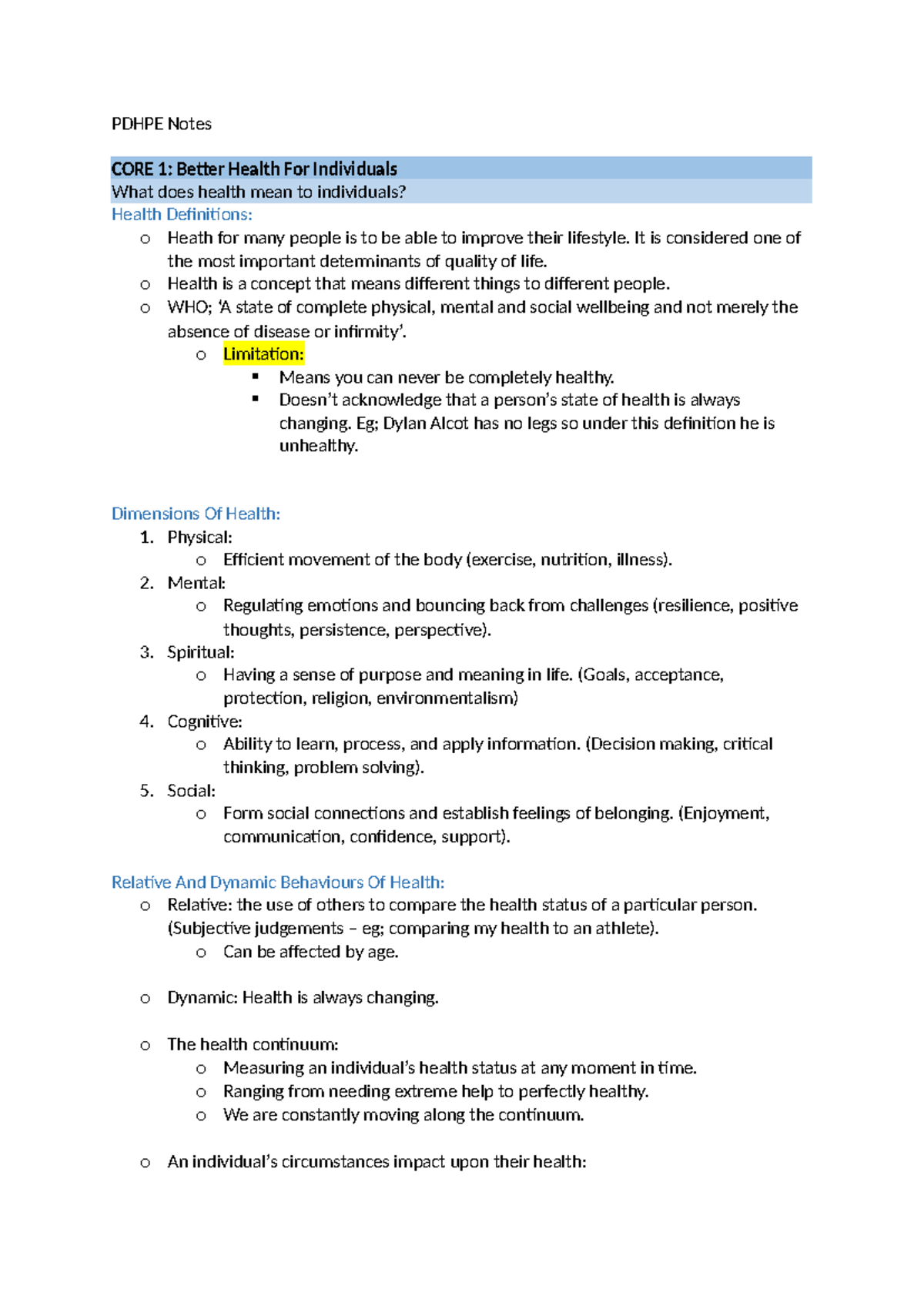 Pdhpe Notes - PDHPE Notes CORE 1: Better Health For Individuals What ...