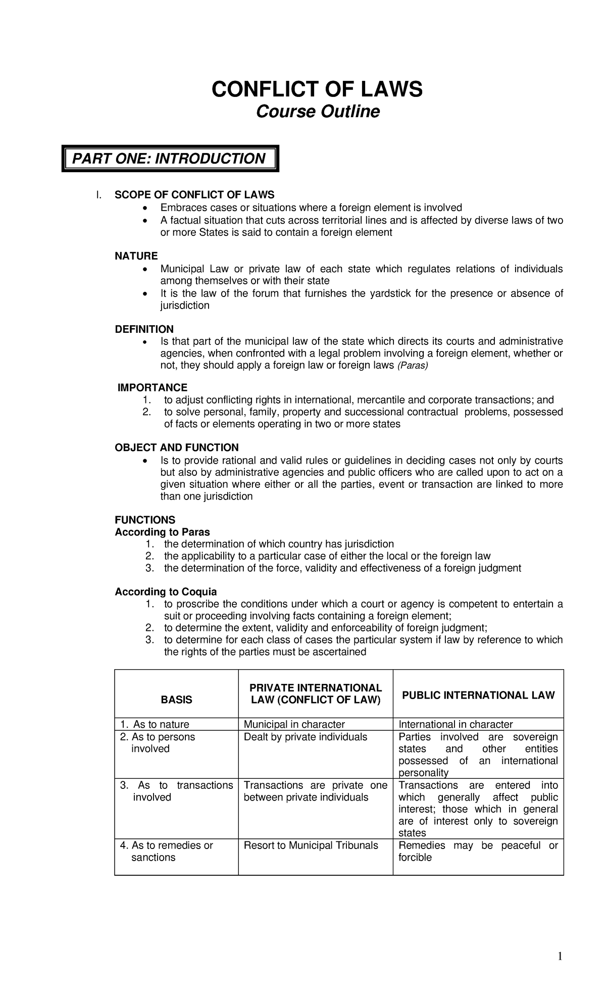 Conflict Of Laws - Notes - CONFLICT OF LAWS Course Outline PART ONE ...