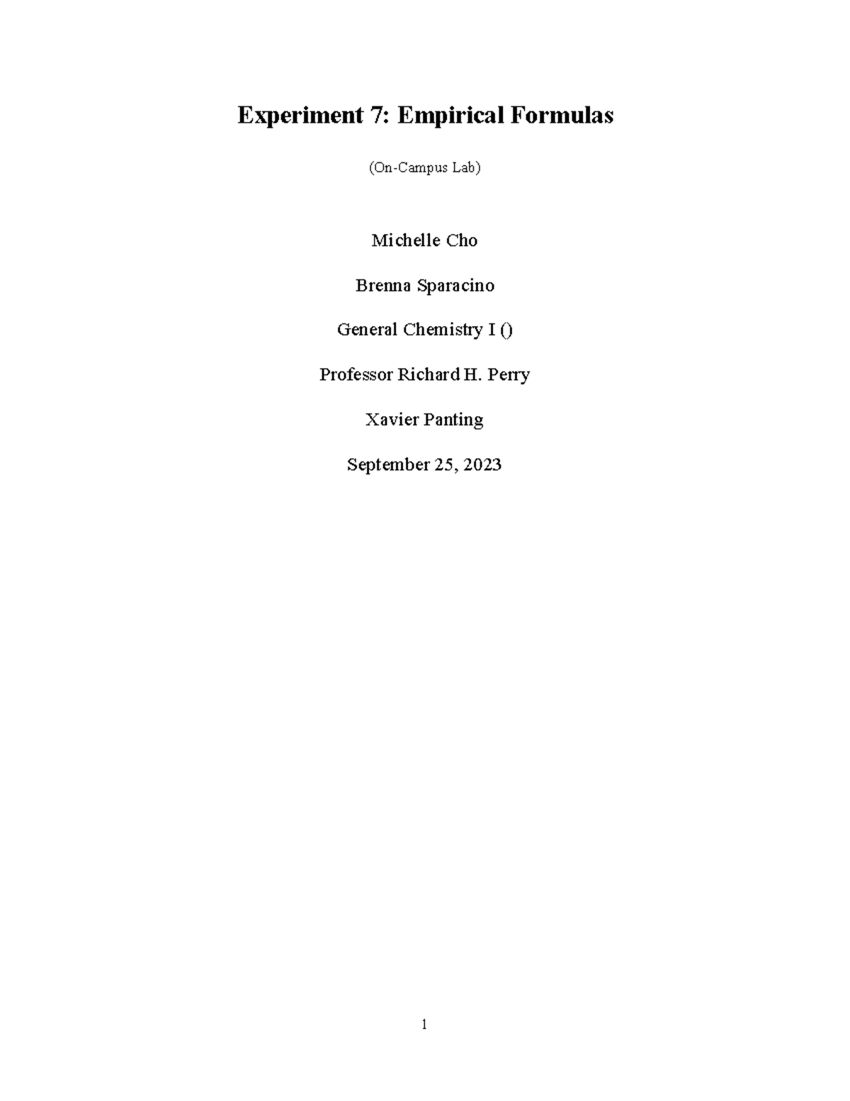 EXP7 Empirical Formula Results Only Lab Report Template - Experiment 7 ...