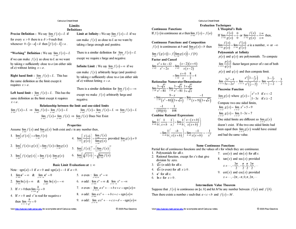 Calculus Cheat Sheet Reference Studocu