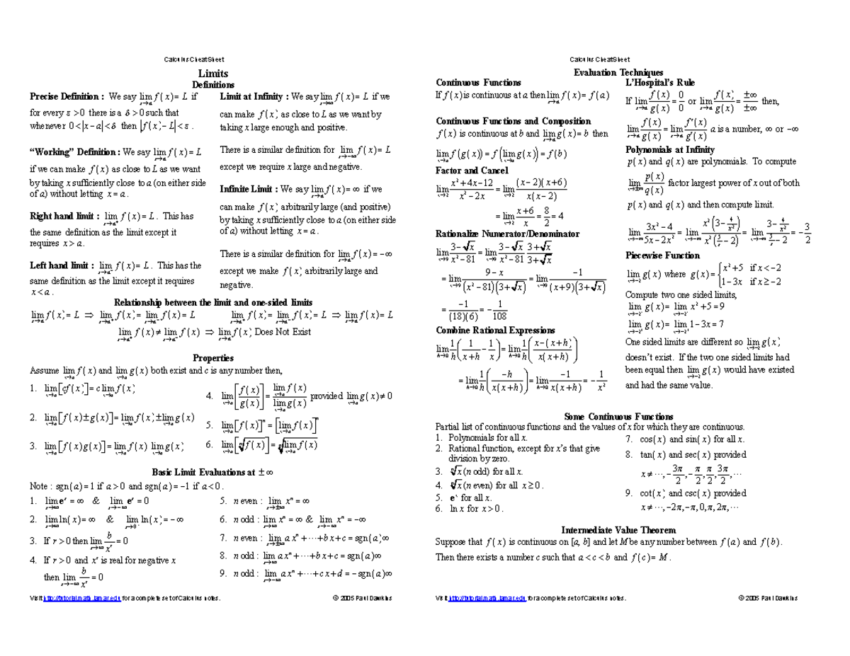 Calculus Cheat Sheet Reference Studocu