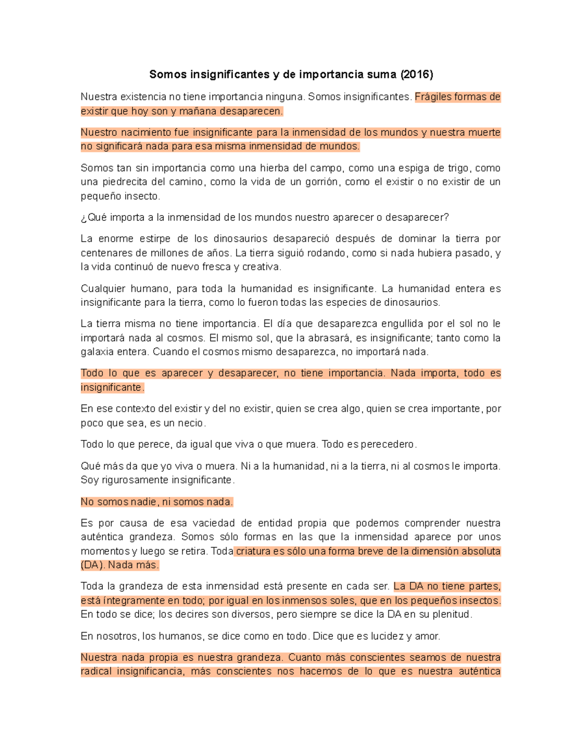 Lectura 1 Somos insignificantes y de importancia suma - Somos ...
