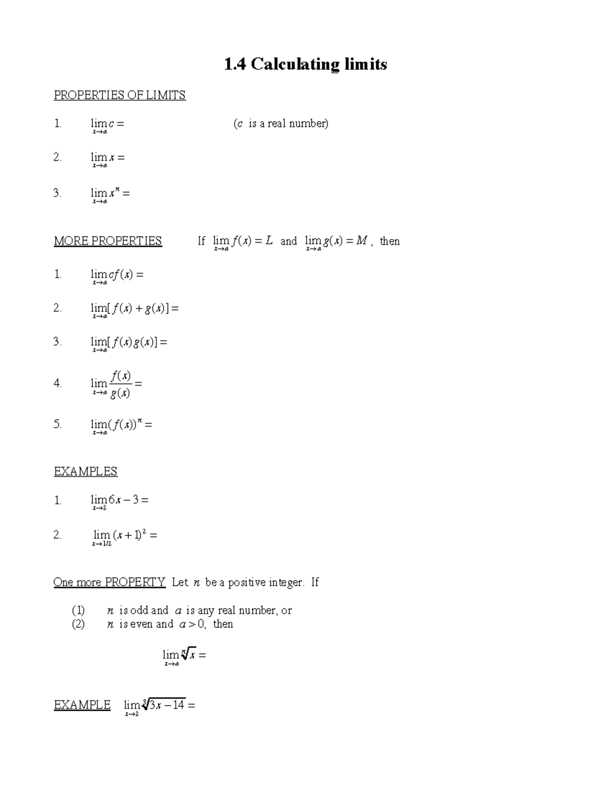 1.4 Calculating limits math 181 - 1 Calculating limits PROPERTIES OF ...