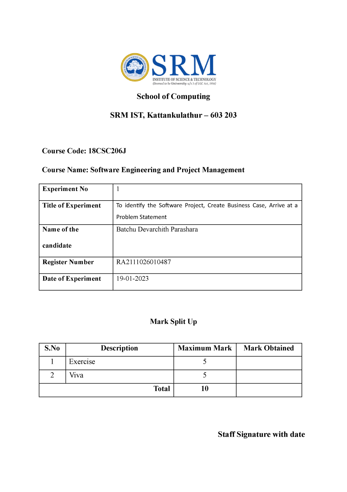 18CSC206J-SEPM Ex-1 - Google Docs - School of Computing SRM IST ...