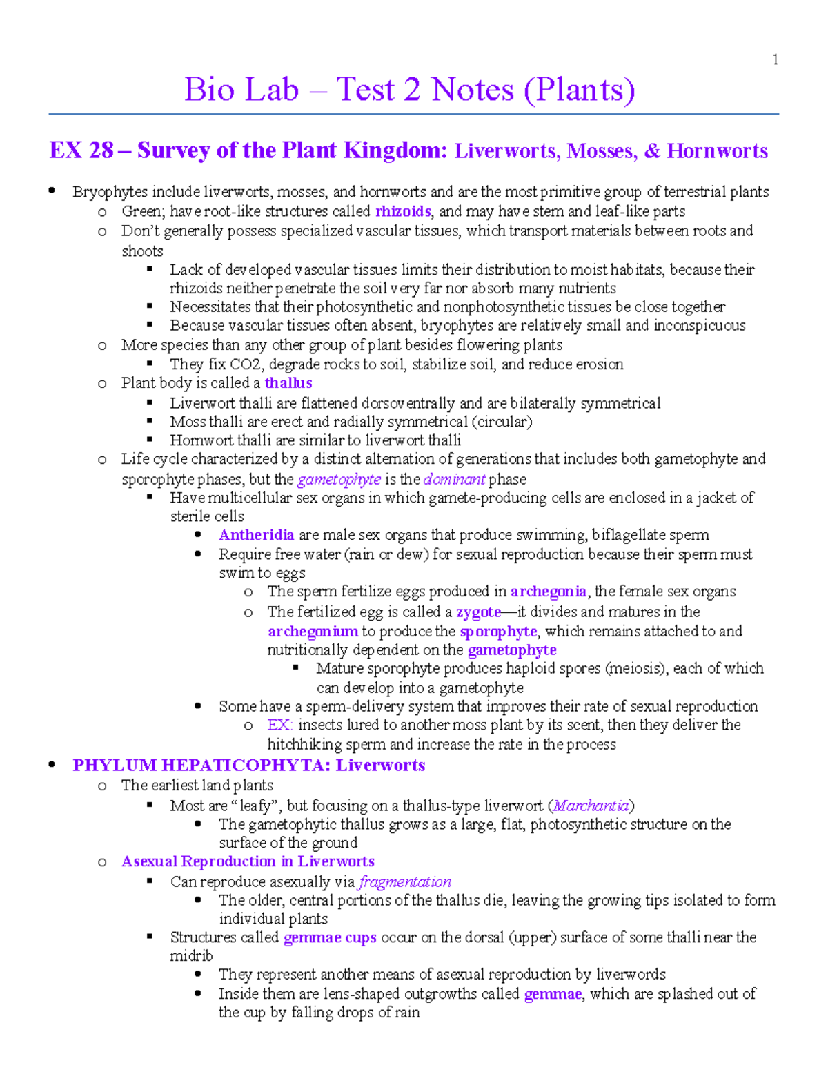 Lecture notes, lectures 28-31 (test 2) - 1 Bio Lab Test 2 Notes (Plants) EX  28 Survey of the Plant - Studocu