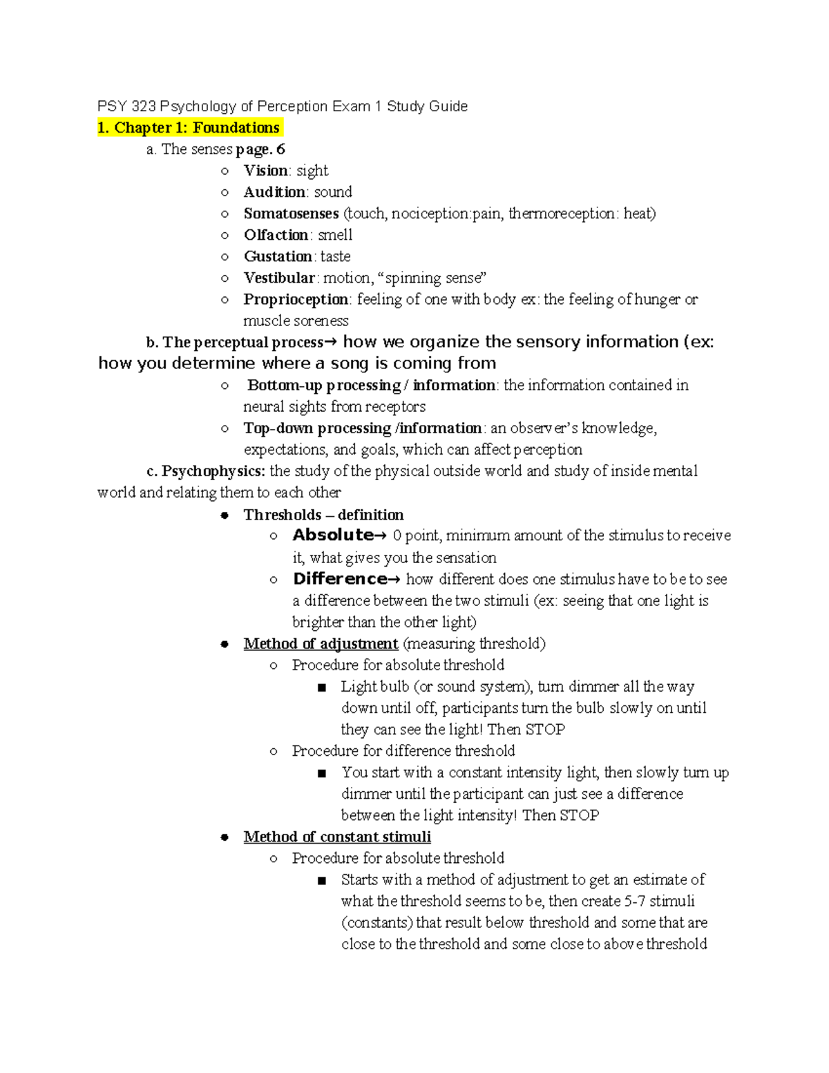 PSY 323 Psychology of Perception Exam 1 Study Guide - PSY 323 ...