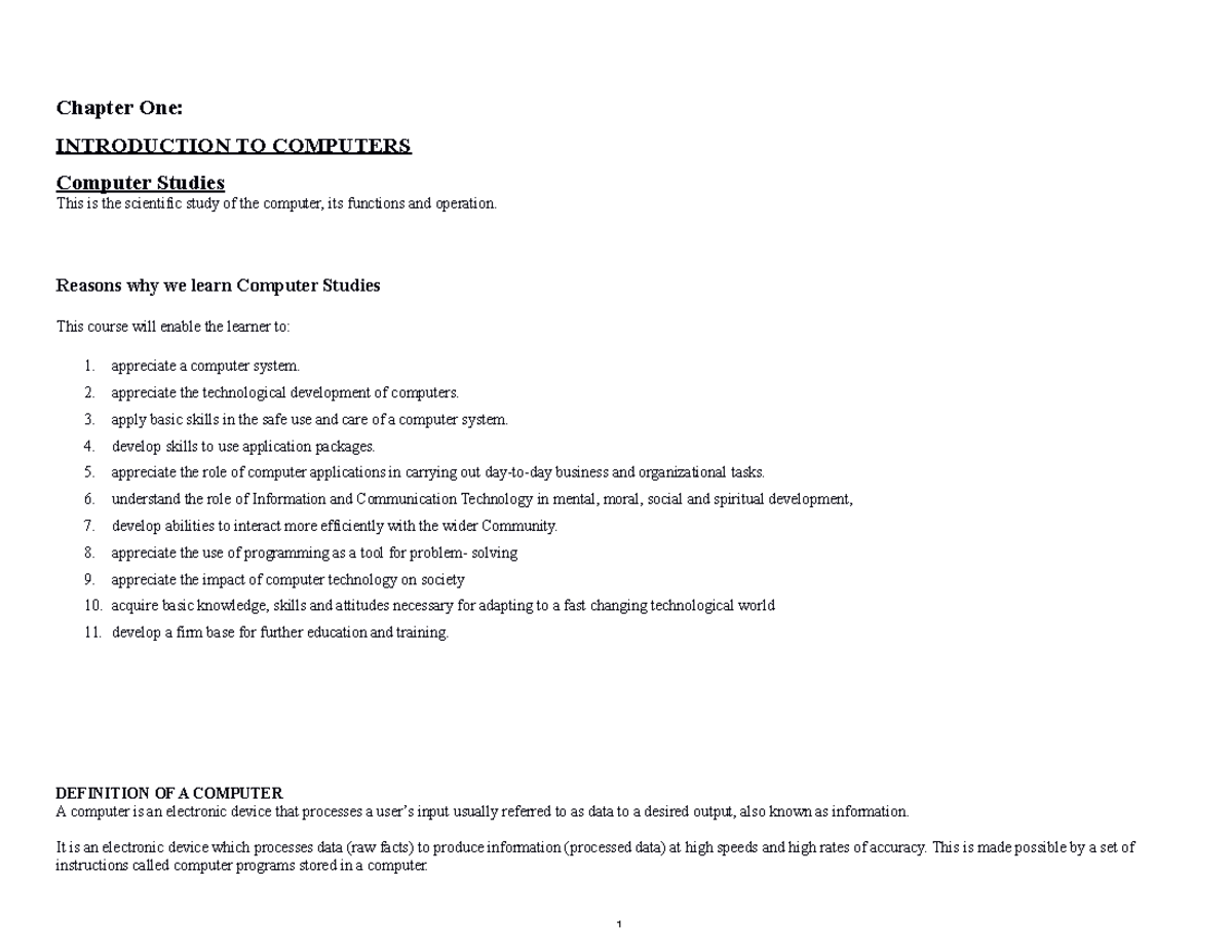 Form One Notes - Chapter One: INTRODUCTION TO COMPUTERS Computer ...