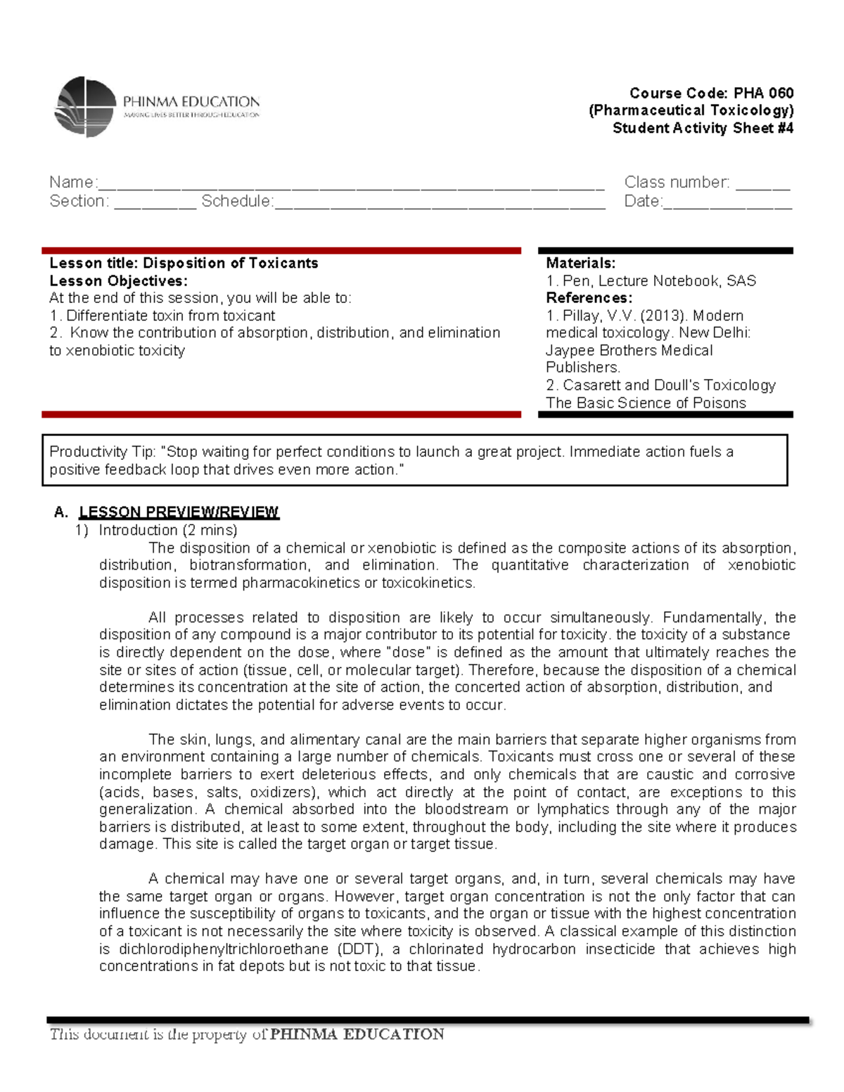 SAS4PHA0 60Toxicology Lecture (Pharmaceutical Toxicology) Student