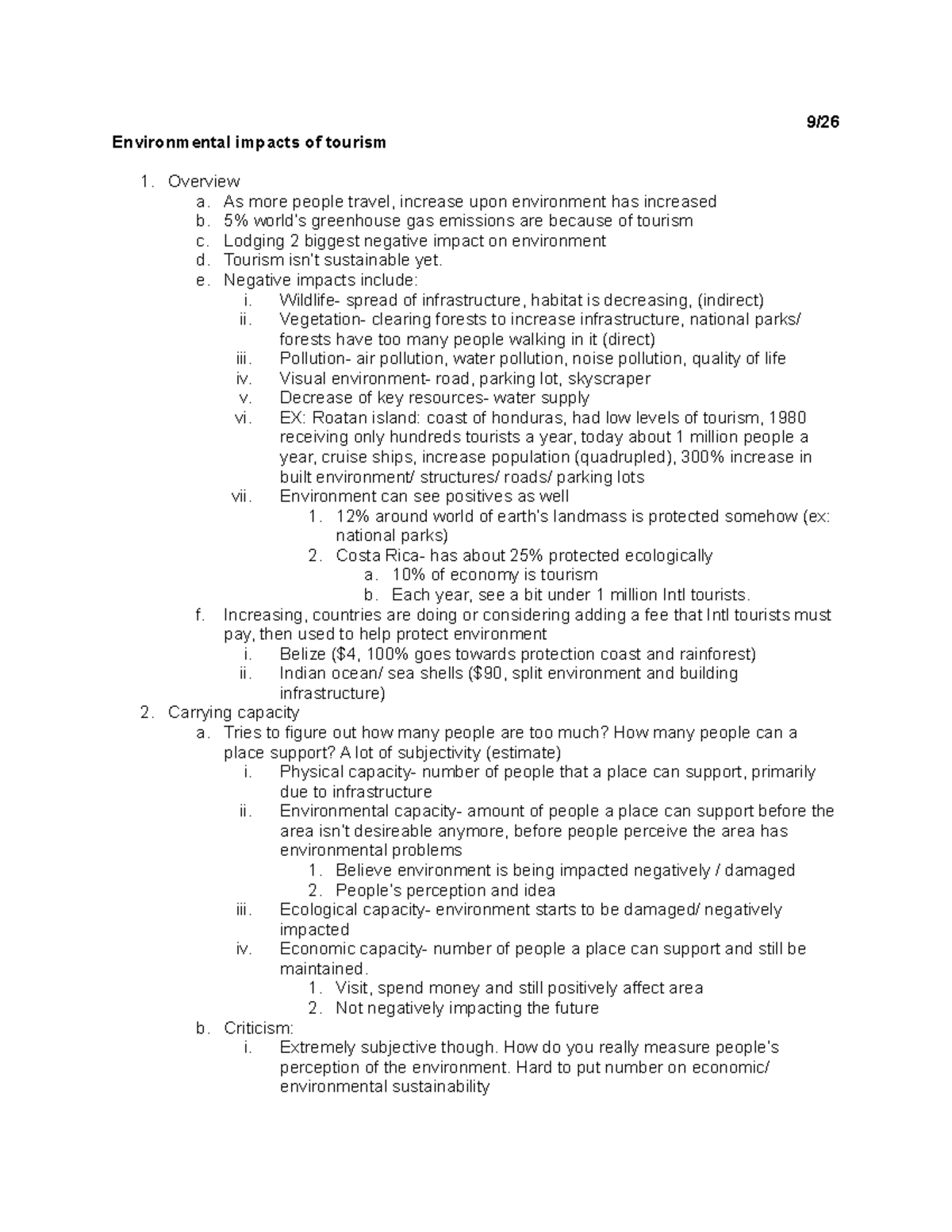 Class notes for exam 2 - Environmental impacts of tourism 1. Overview a ...