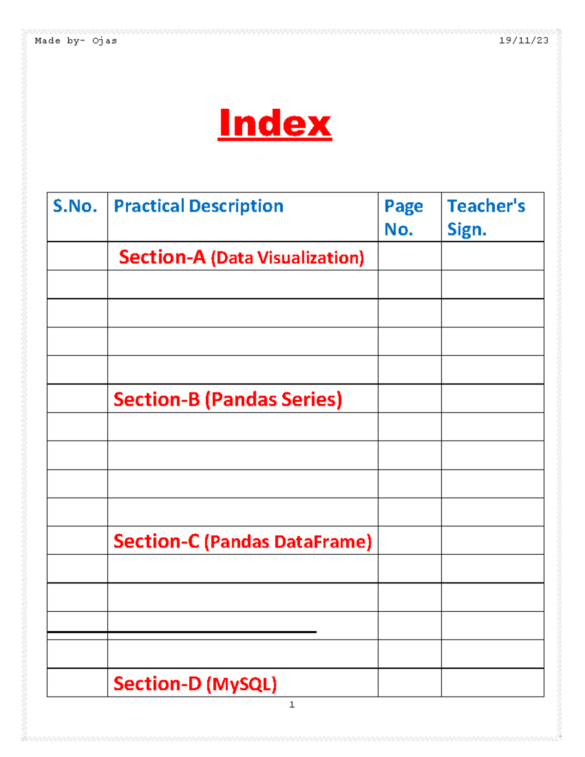 Practical File of Dataframe and Sql - Index S. Practical Description ...