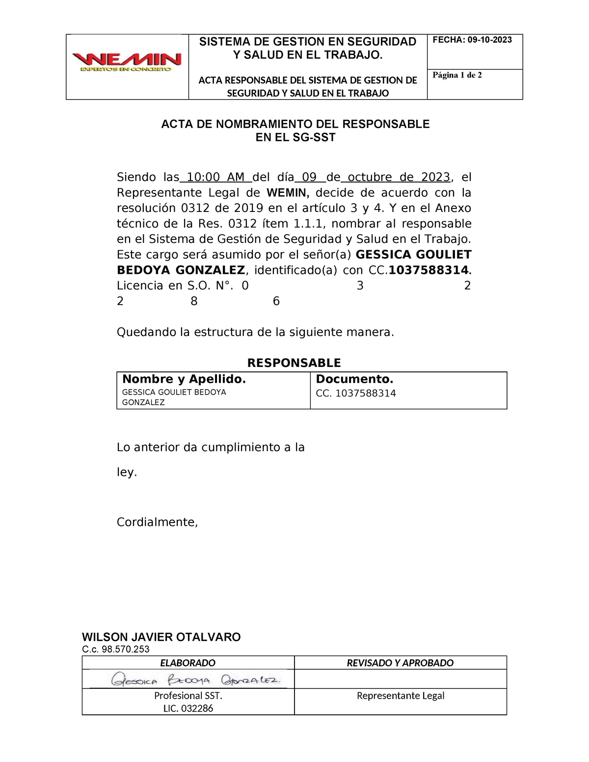 Acta De Nombramiento Del Responsable En El Sgsst Sistema De Gestion