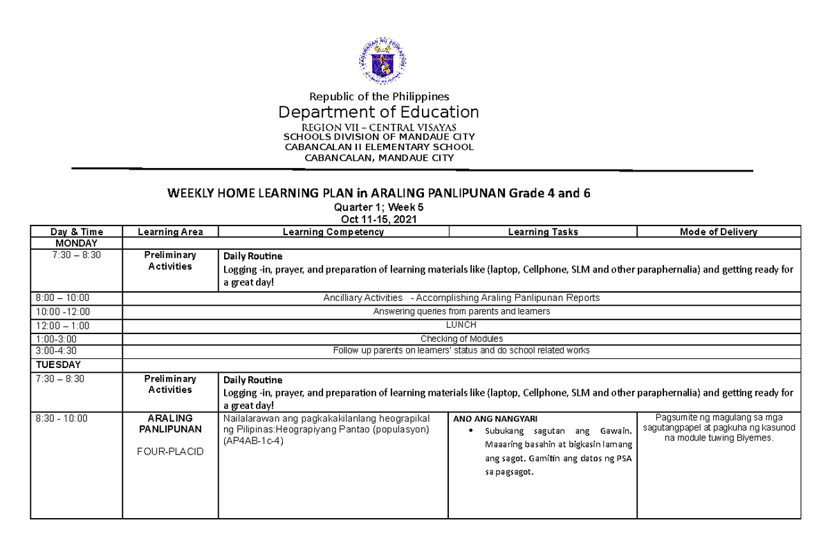 Whlp Week 5 Ap 4 & 6 - A Weekly Home Learning Plan In Araling 