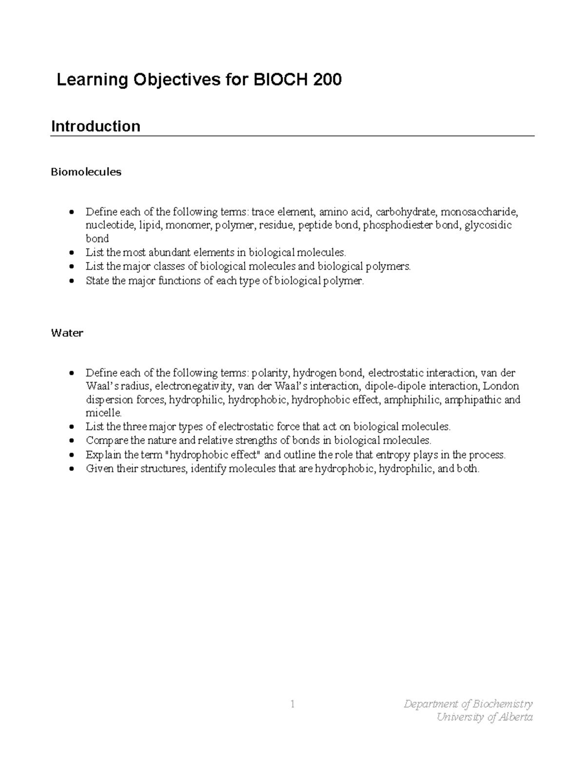 Study Guide Department of Biochemistry 1 Learning Objectives for BIOCH 200 Introduction Studocu