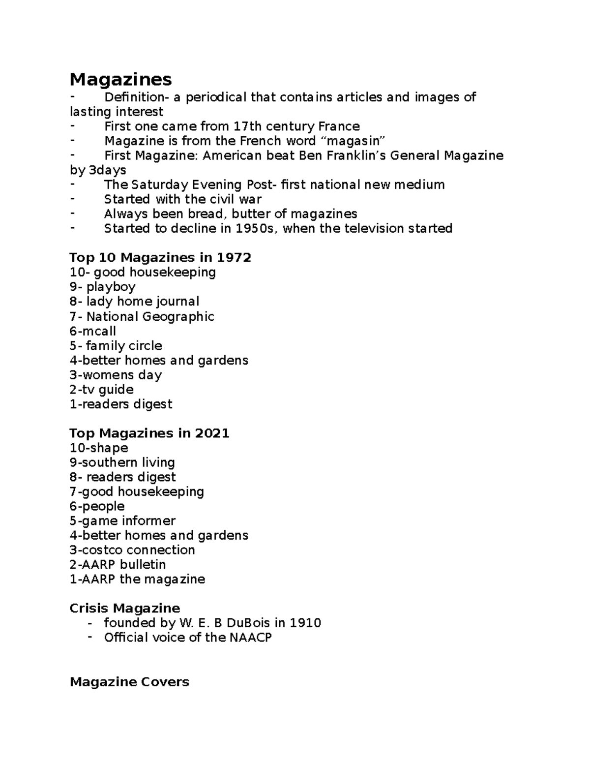 Magazines Early Part of the Semester Notes from PP Magazines