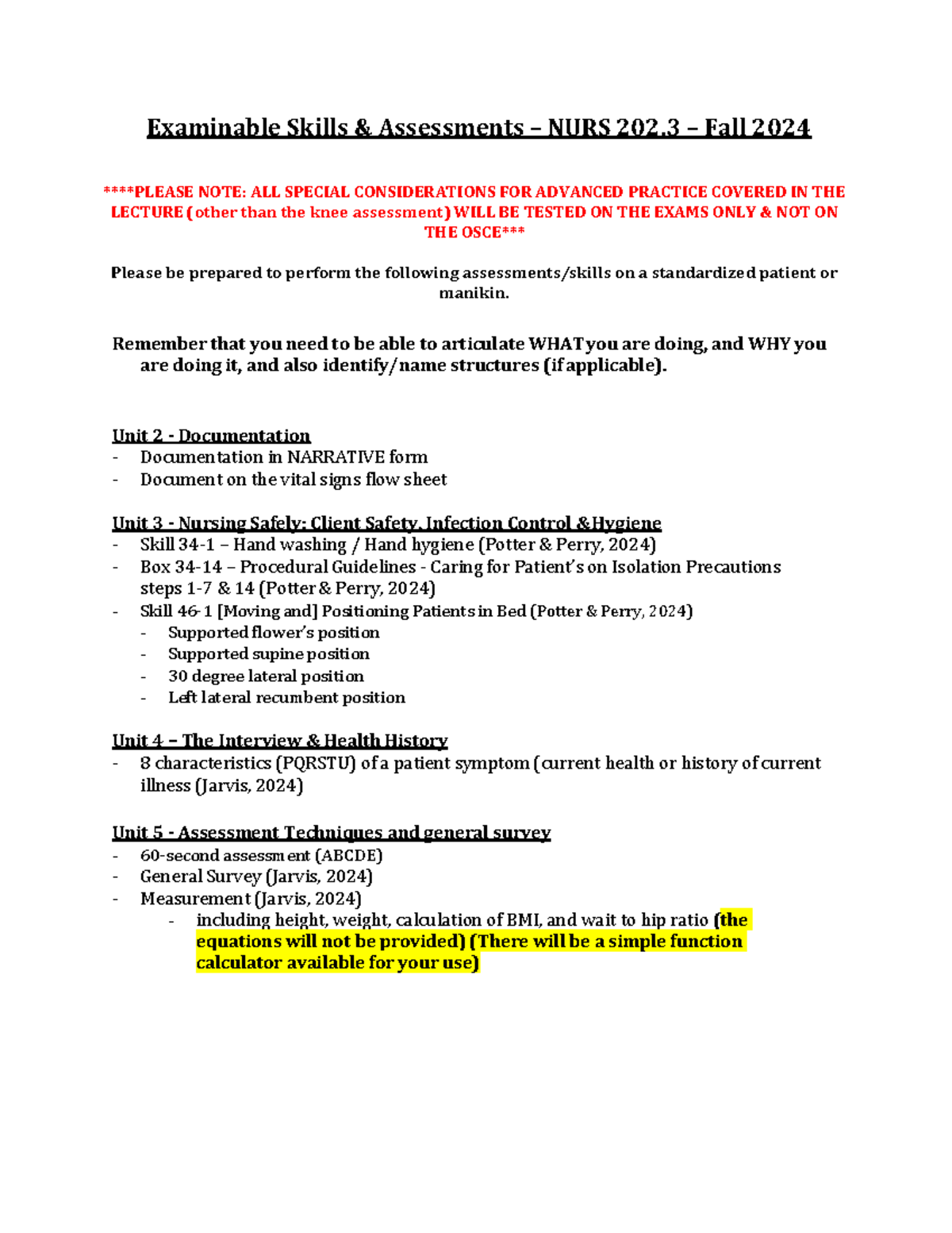 OSCE testable skills and assessments Fall 2024 - Examinable Skills ...