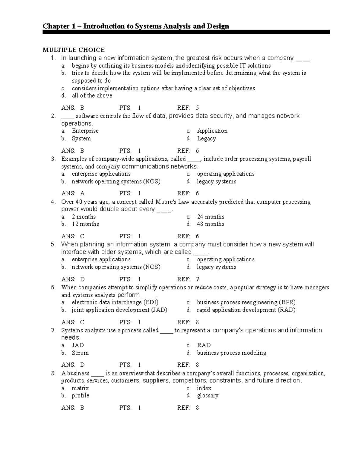 systems analysis and design Chapter 1 test bank systems Chapter 1