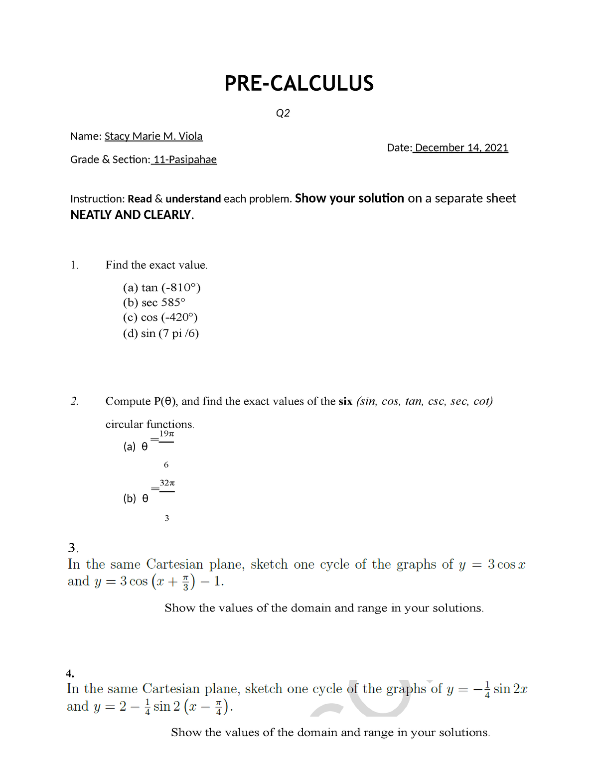 Pre Calculus Worksheet Circular Functions And Graphing Of Functions Viola Pre Calculus Q 6329