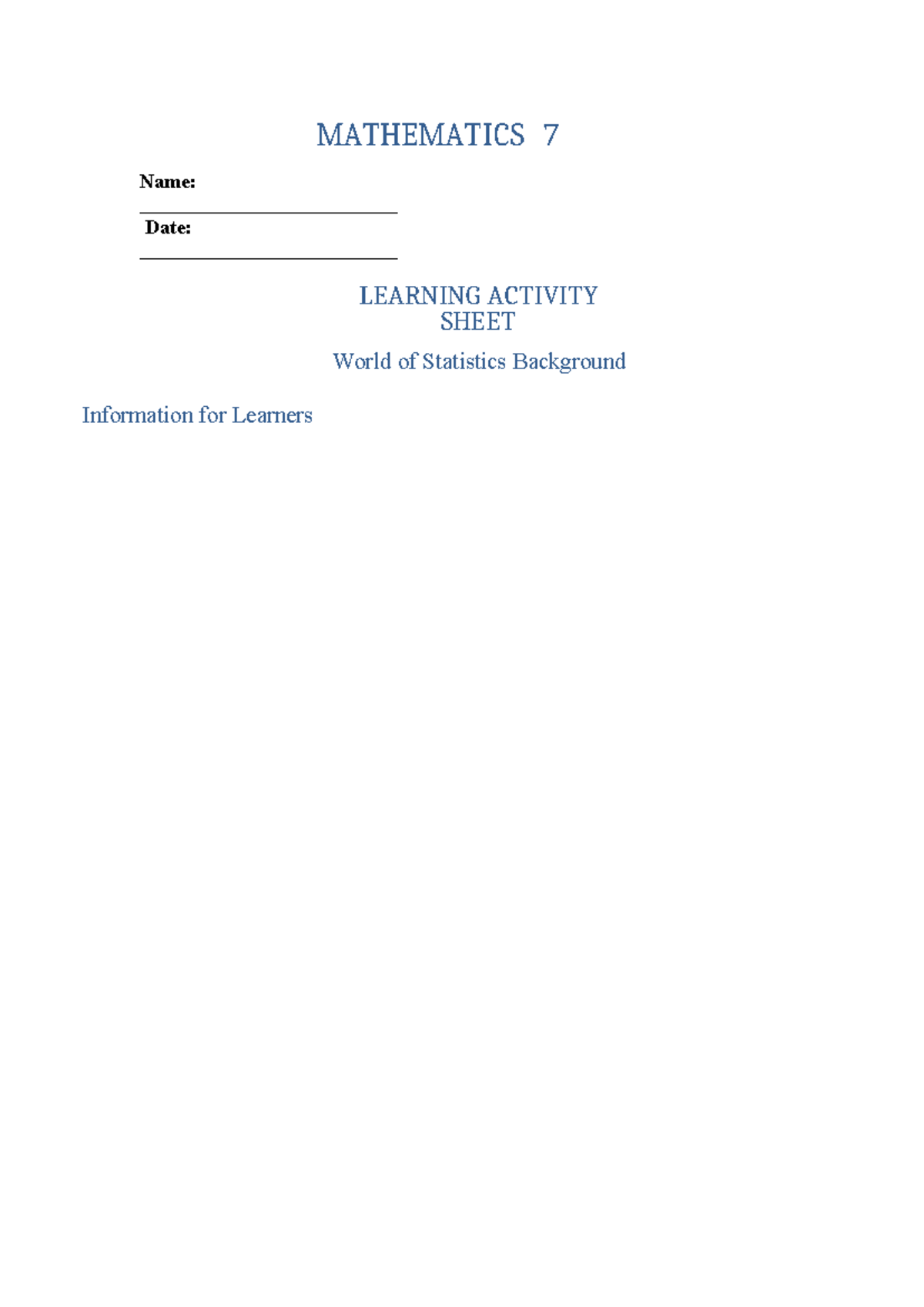 Mathematics-7-LAS - Otgoxox - MATHEMATICS 7 Name: Date: LEARNING ...