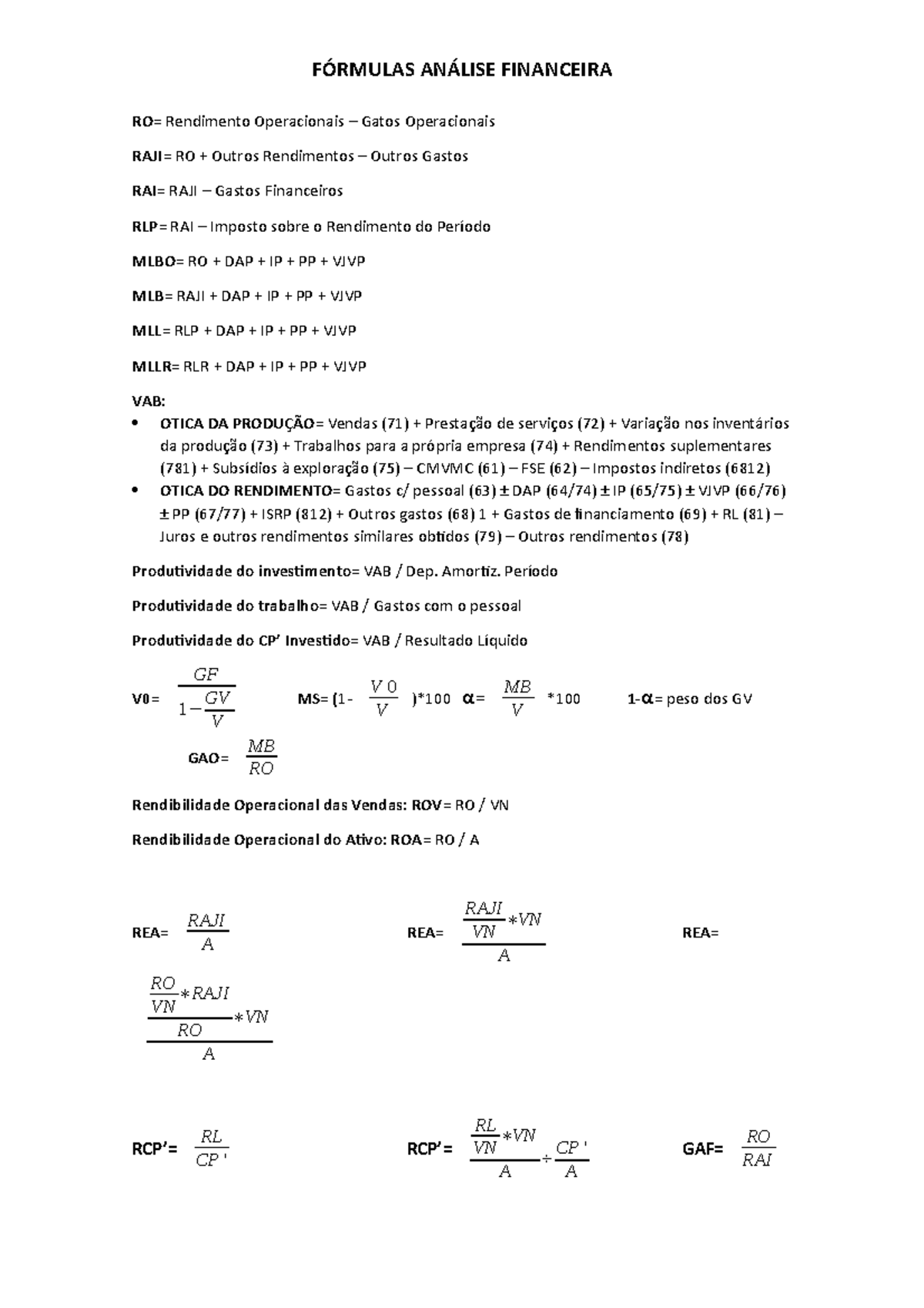 Formulas Analise Financeira - FÓRMULAS ANÁLISE FINANCEIRA RO ...
