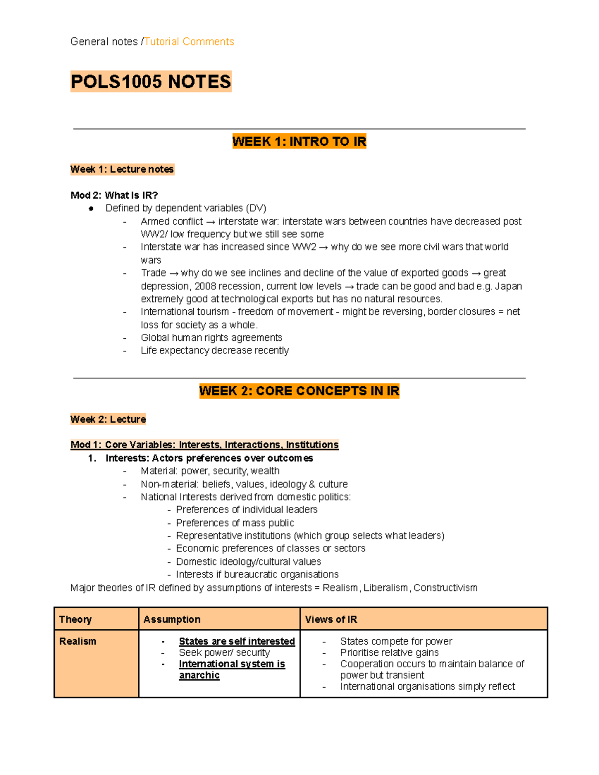 POLS1005 Notes - POLS1005 NOTES WEEK 1: INTRO TO IR Week 1: Lecture ...