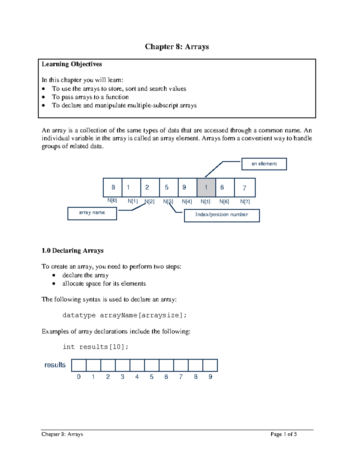 Notes 08 Arrays - Programming - Chapter 8: Arrays Learning Objectives ...