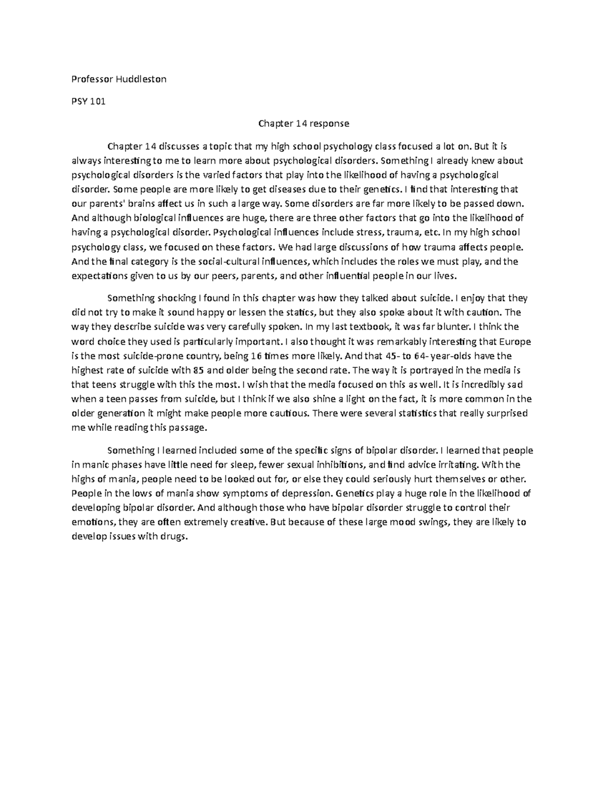 Chapter 14 Response Psy 101 Professor Huddleston Psy 101 Chapter 14 Chapter 14 Response Psy 101 Professor Huddleston Psy 101 Chapter 14