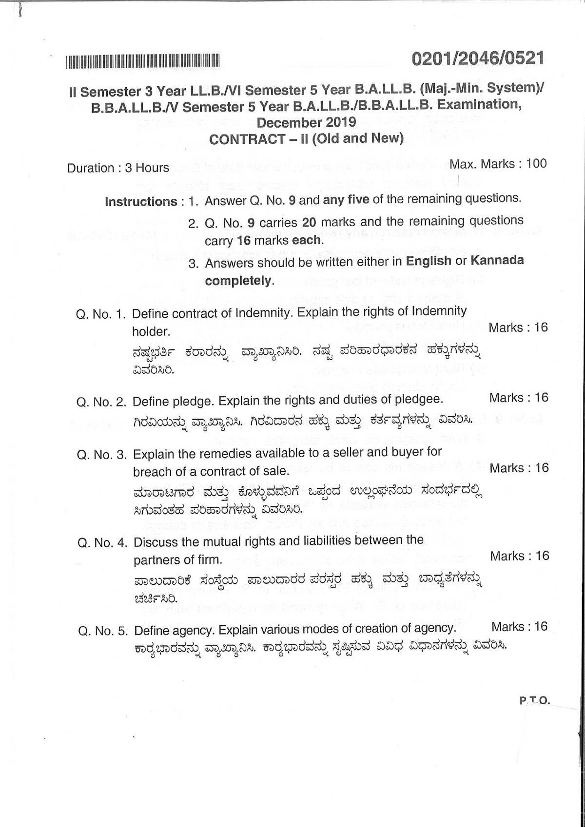 Contract question paper for law students under kslu - Studocu