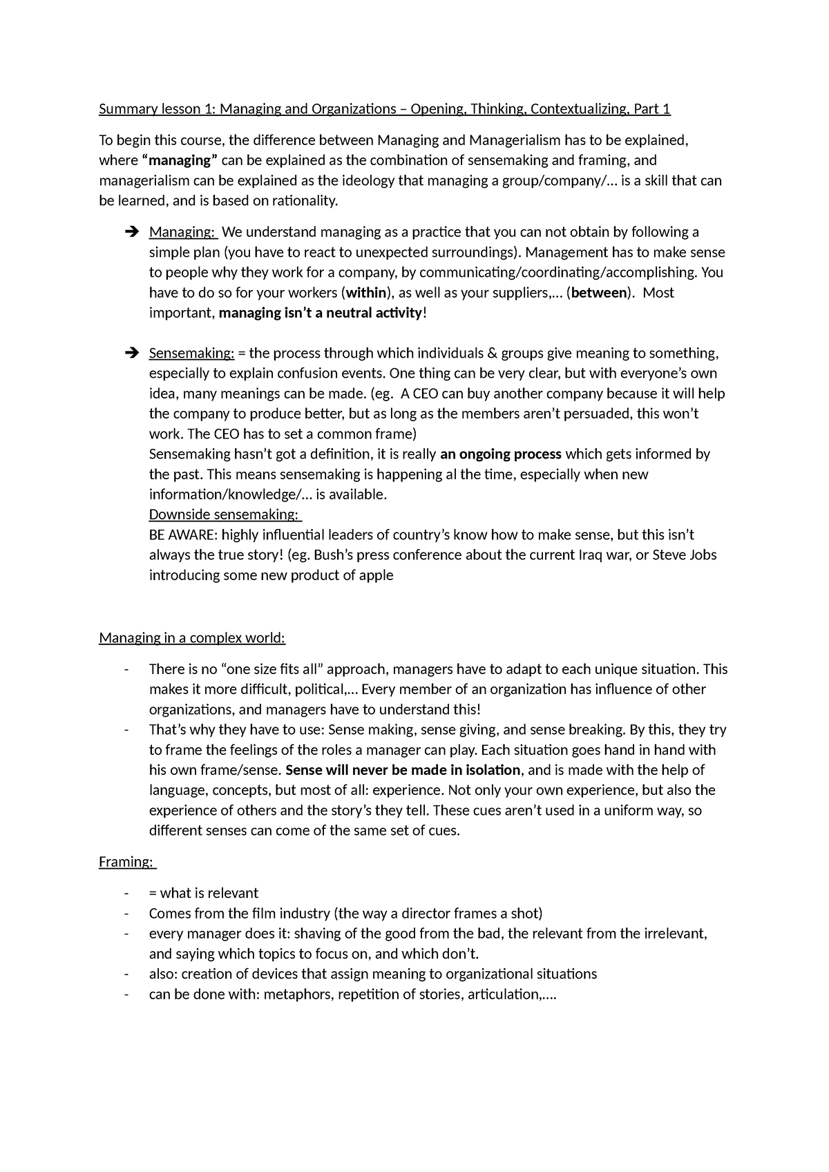 Summary lesson 1 - Samenvatting Introduction to managing and organising ...