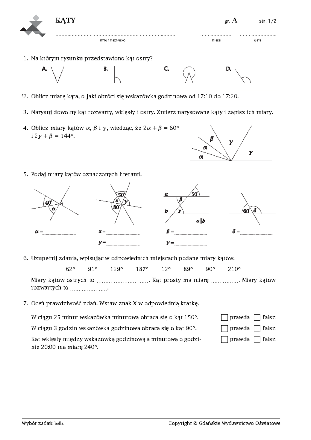 Katy I Trojkaty Klasa 7 Sprawdzian