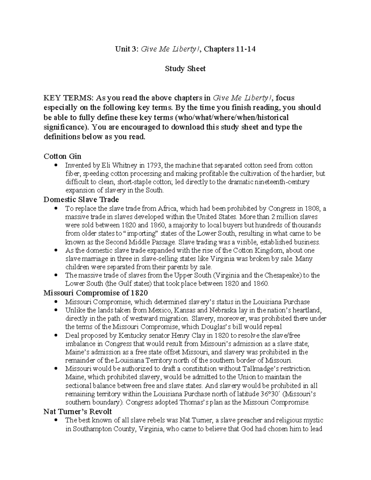 Unit 3 Study Sheet - Unit 3: Give Me Liberty!, Chapters 11- Study Sheet ...