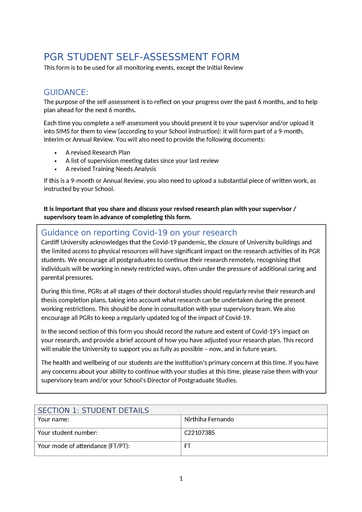 PSE BLS Student SELF Assessment FORM - PGR STUDENT SELF-ASSESSMENT FORM ...