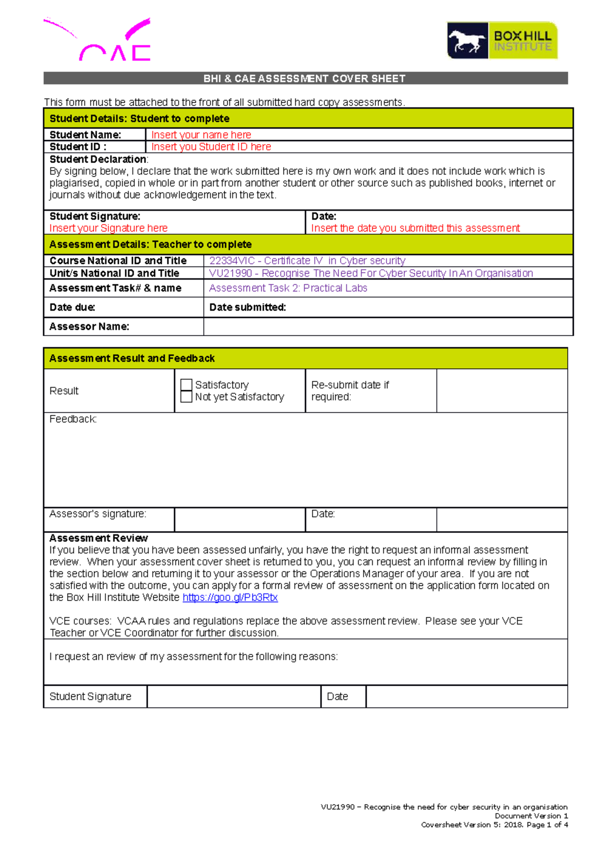VU21990 AT2 - AT2 - BHI & CAE ASSESSMENT COVER SHEET This form must be ...