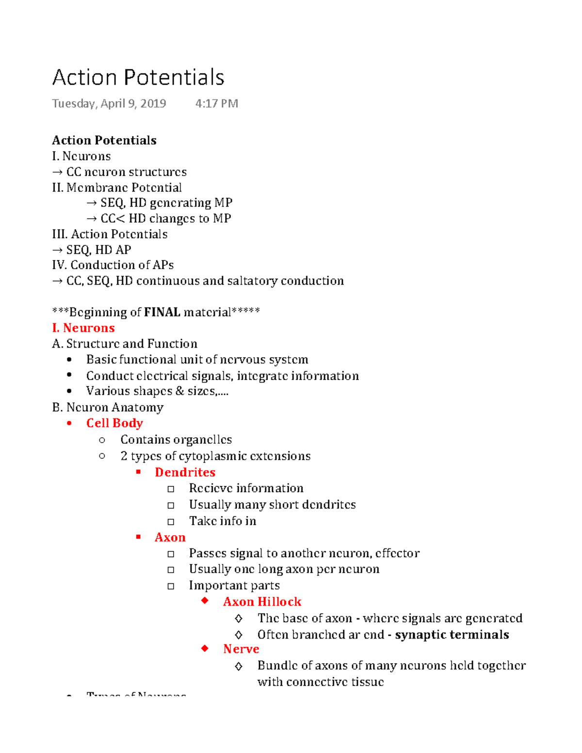 Action Potentials - Lecture notes 19 - Action Potentials Tuesday, April ...