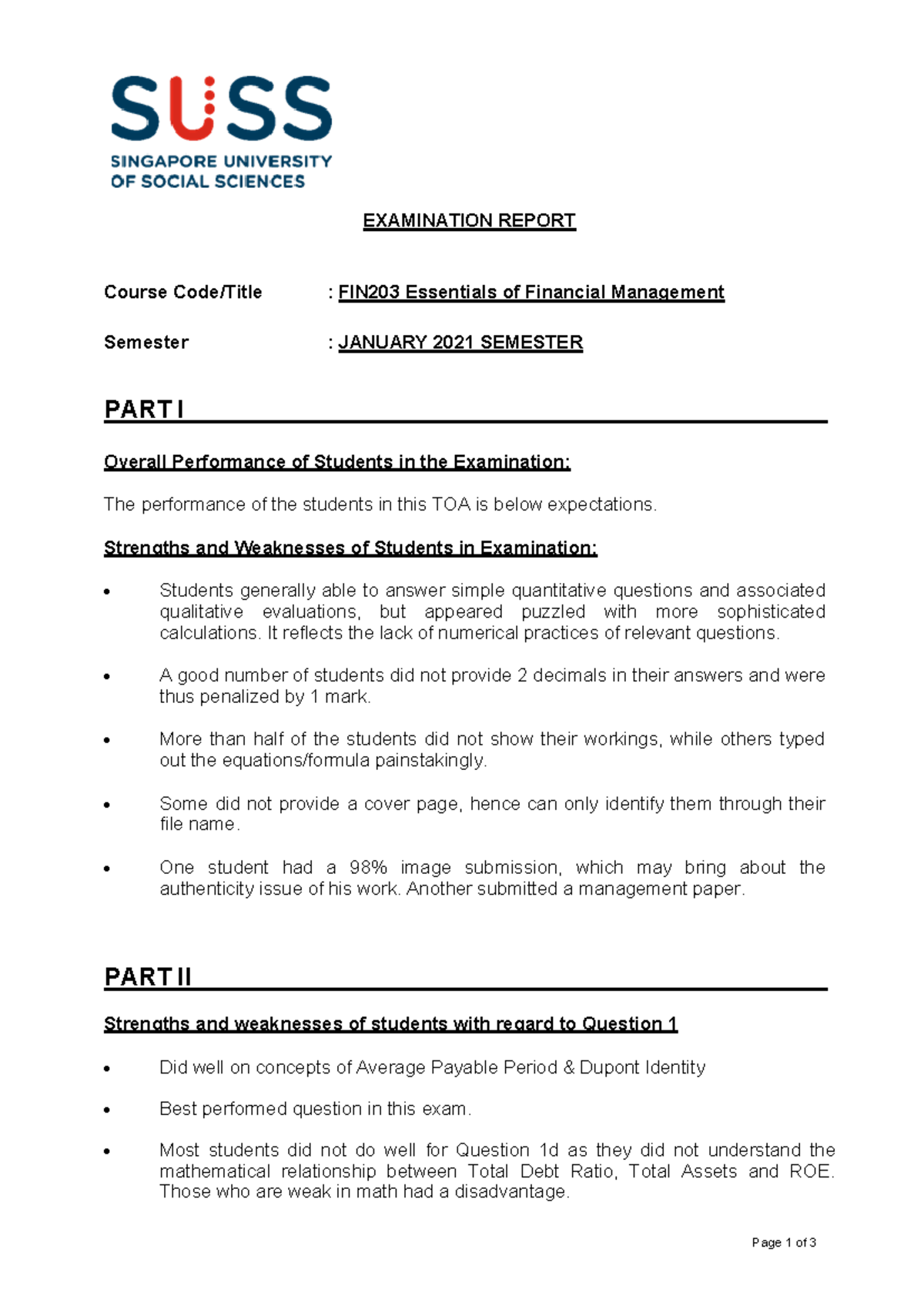 FIN203 Examination Report exam report - Page 1 of 3 EXAMINATION REPORT ...