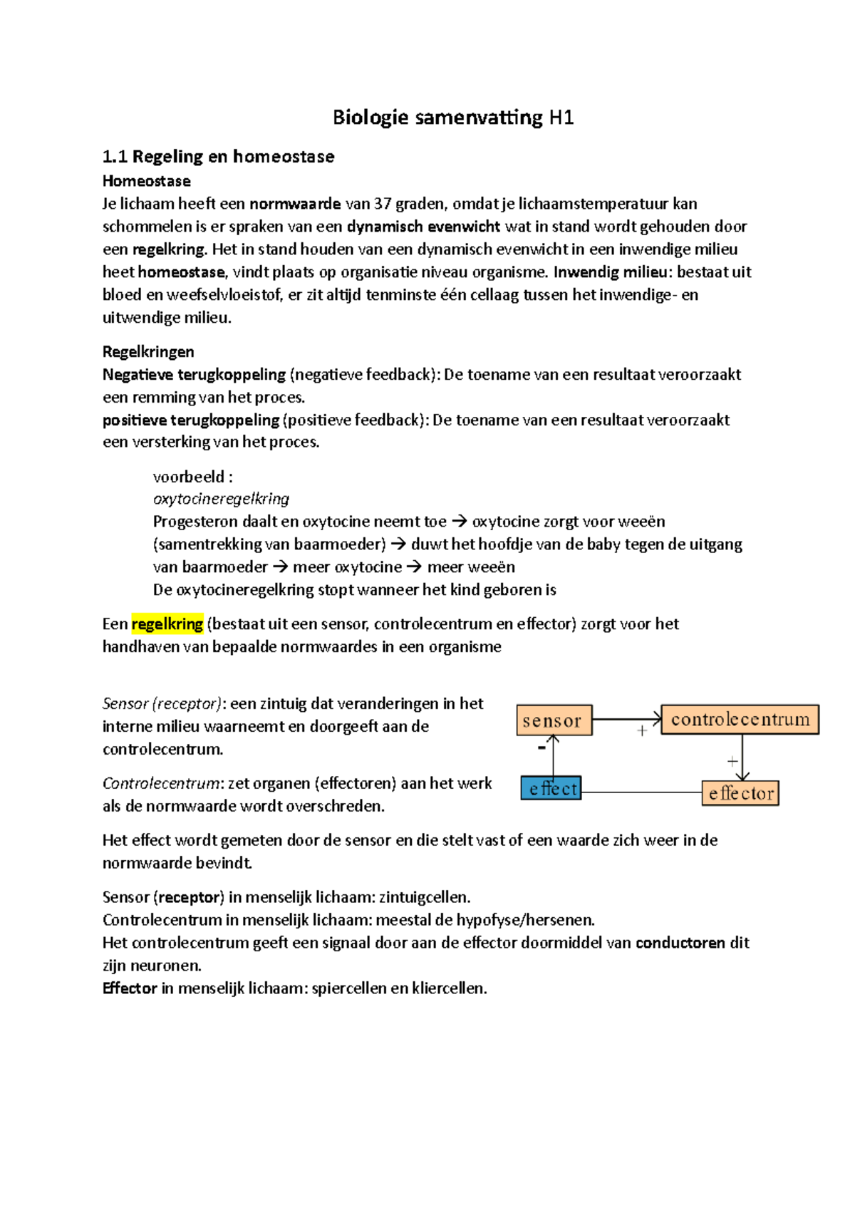 BVJ 5 VWO Samenvatting H 1: Regeling - Biologie - Studeersnel