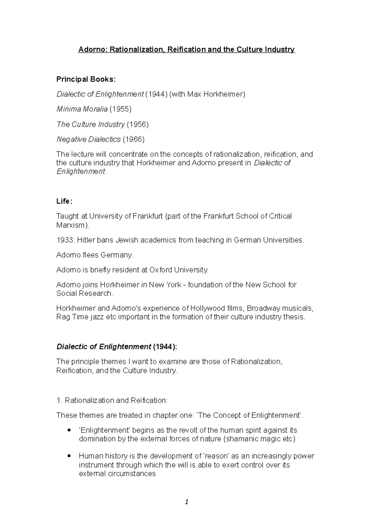 Summary Lecture 19 Theory Of Adorno's Cultural Industry Adorno Rationalization