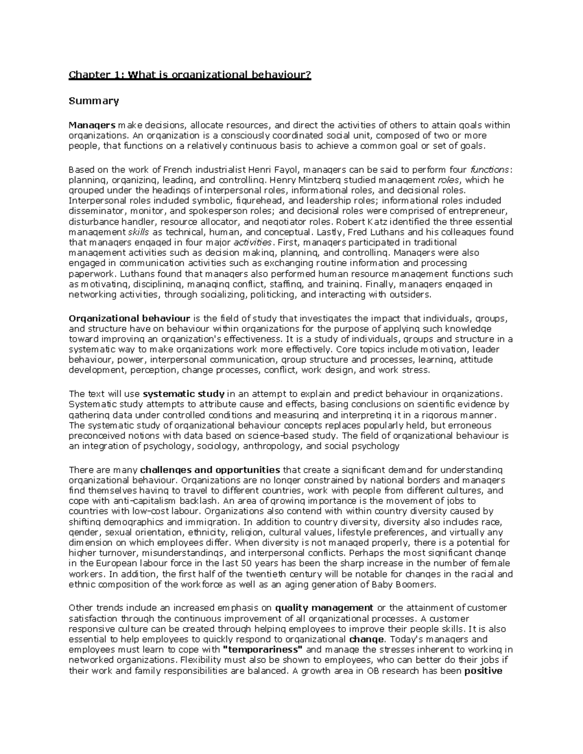 OB summary - Chapter 1: What is organizational behaviour? Summary ...