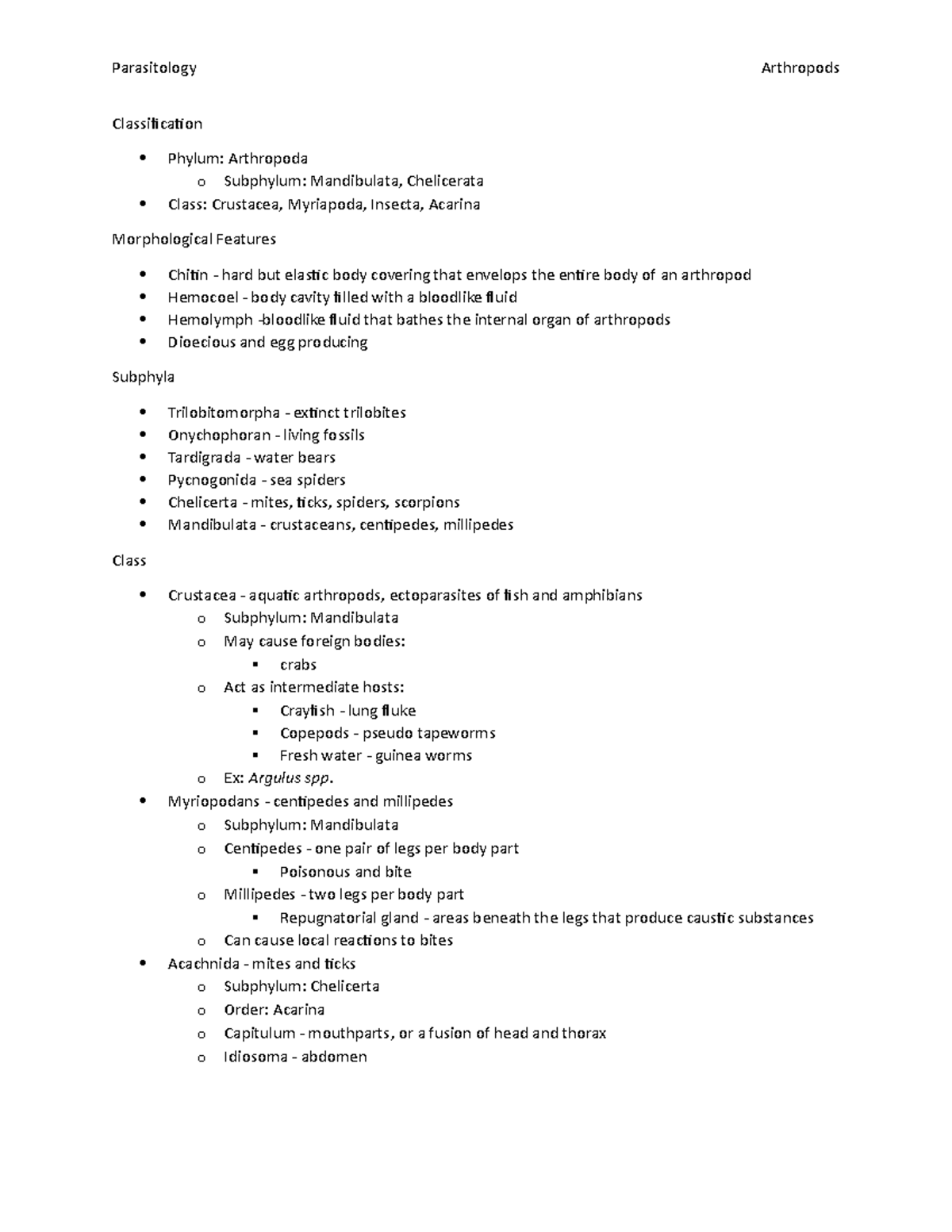 Arthropods - Lecture notes 12 - Parasitology Arthropods Classification ...