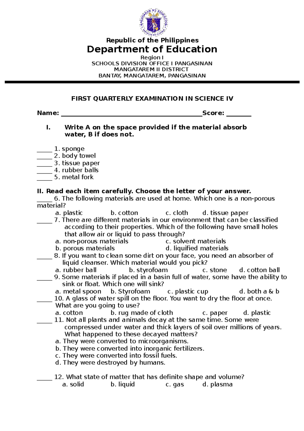 Gr4 Science 1st Quarterly Exams 2022 with key - Republic of the ...