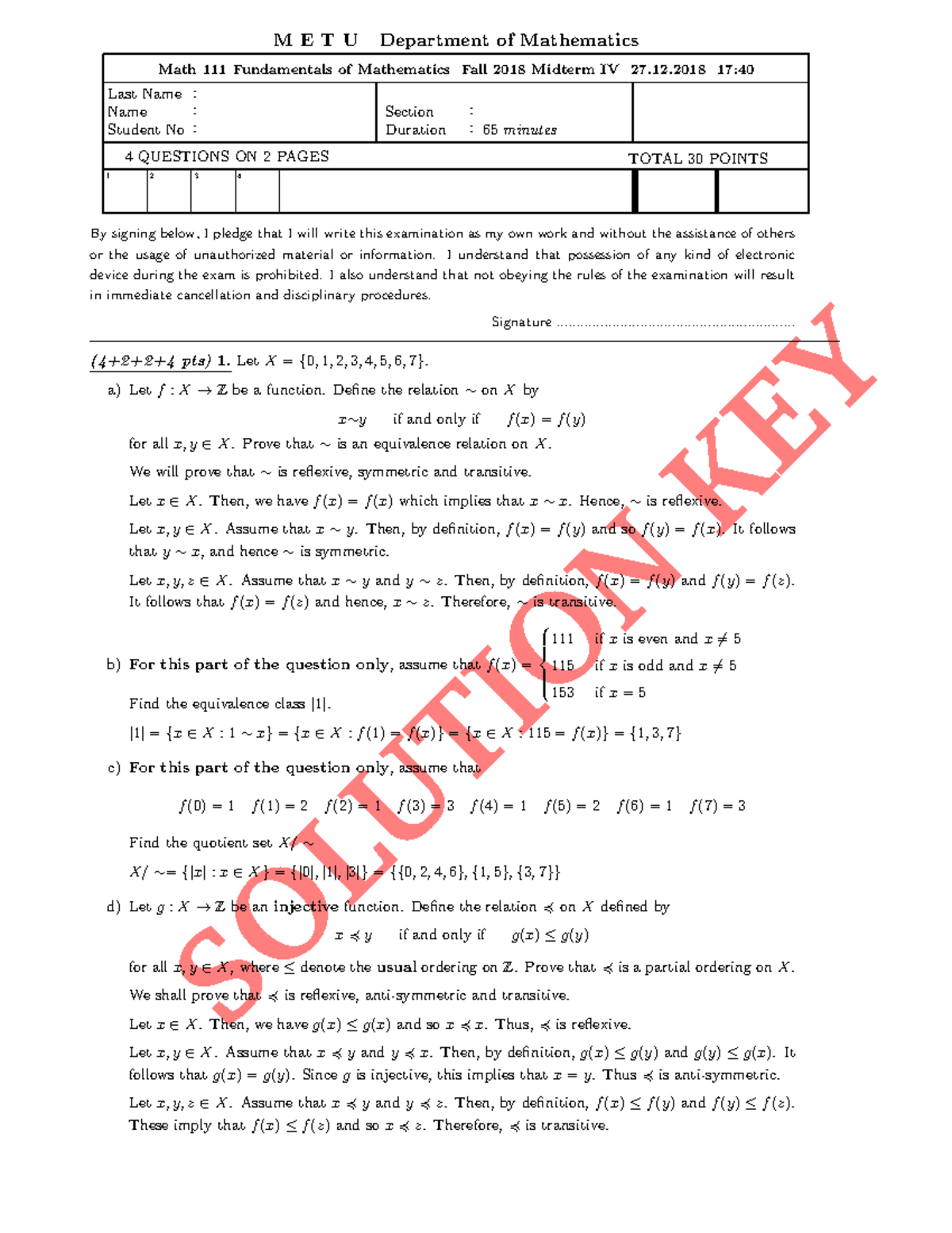 Past Midterm Exam - SOLUTION KEY Section Duration : : : : : Last Name ...