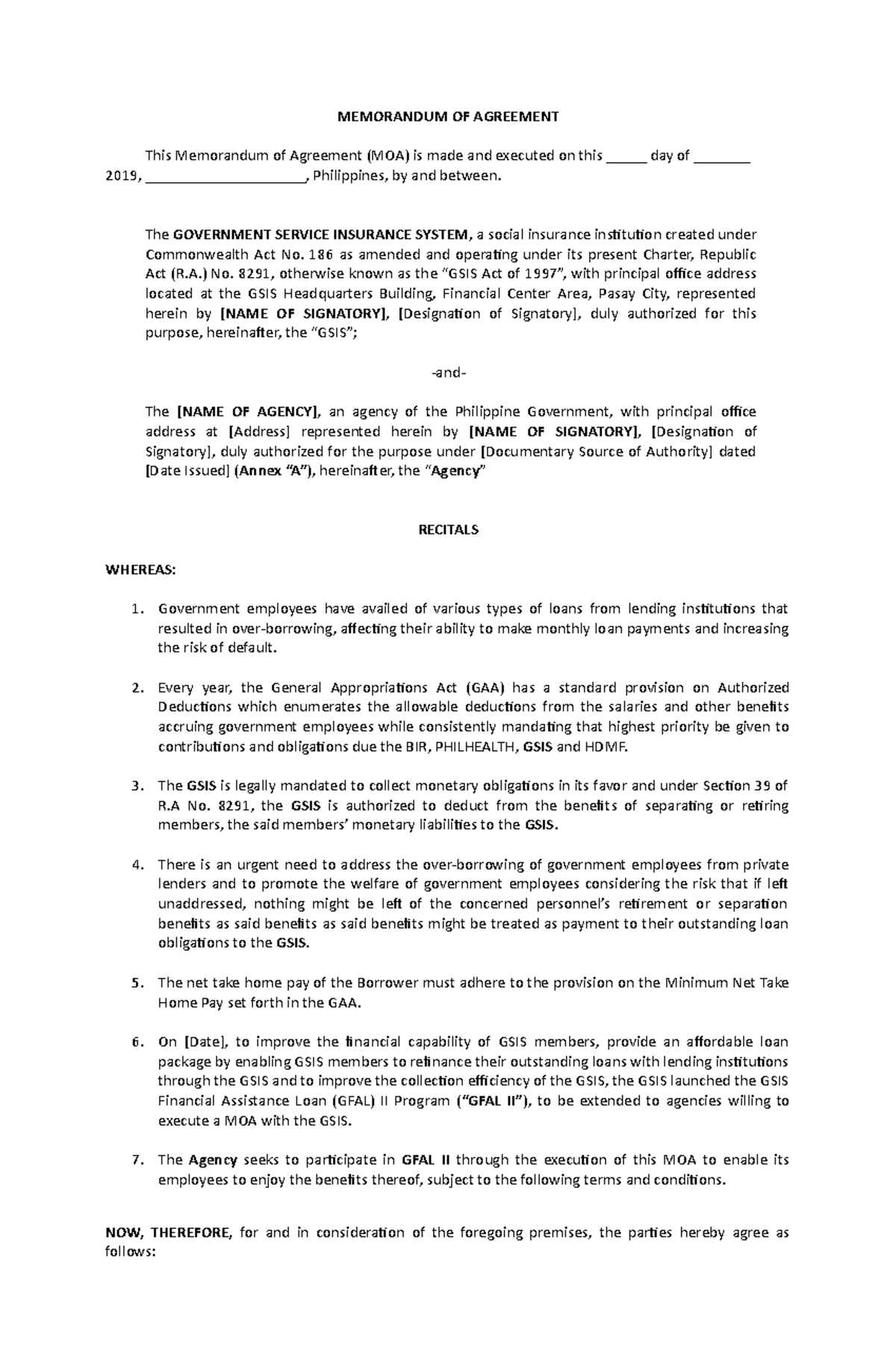 Memorandum OF Agreement GFAL - MEMORANDUM OF AGREEMENT This Memorandum ...