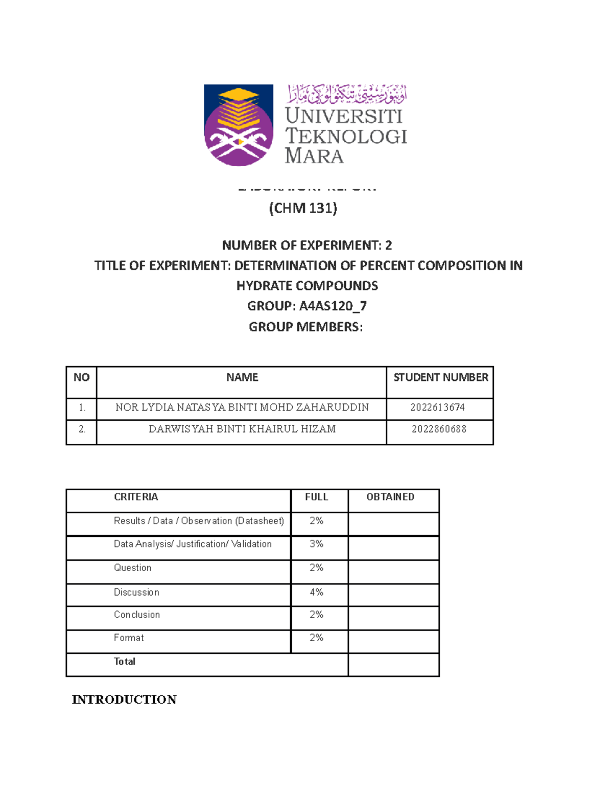 Lab Report CHM131 - LABORATORY REPORT (CHM 131) NUMBER OF EXPERIMENT: 2 ...