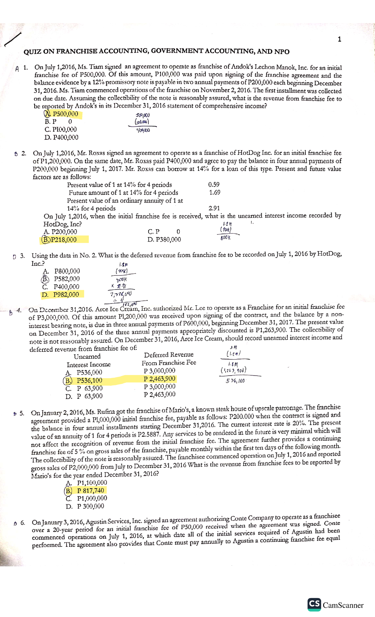QUIZ ON Franchise Acctg, GOV'T Acctg, AND NPO - 1 QUIZ ON FRANCHISE ...