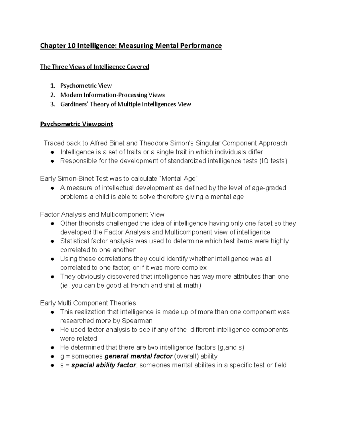 Psych 276 Final Exam Notes - Chapter 10 Intelligence: Measuring Mental ...