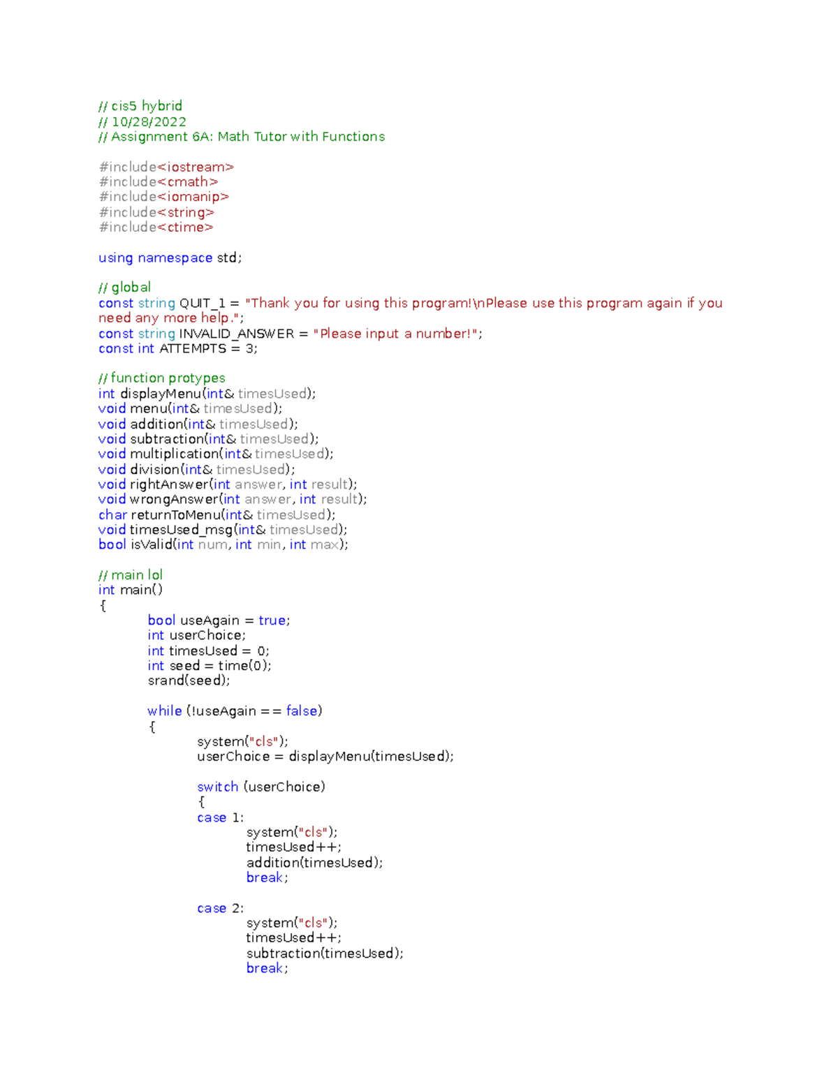(Module 6) - Math Tutor with Functions - Assignment 6A - // cis5 hybrid ...