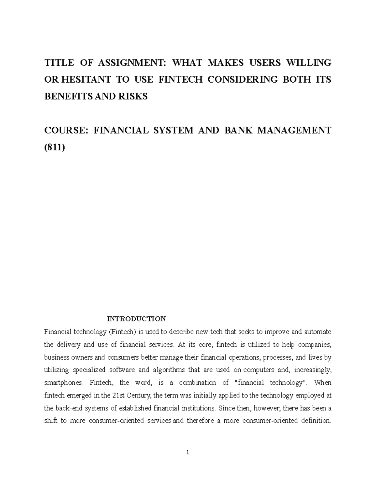 Financial System AND BANK Management - TITLE OF ASSIGNMENT: WHAT MAKES ...