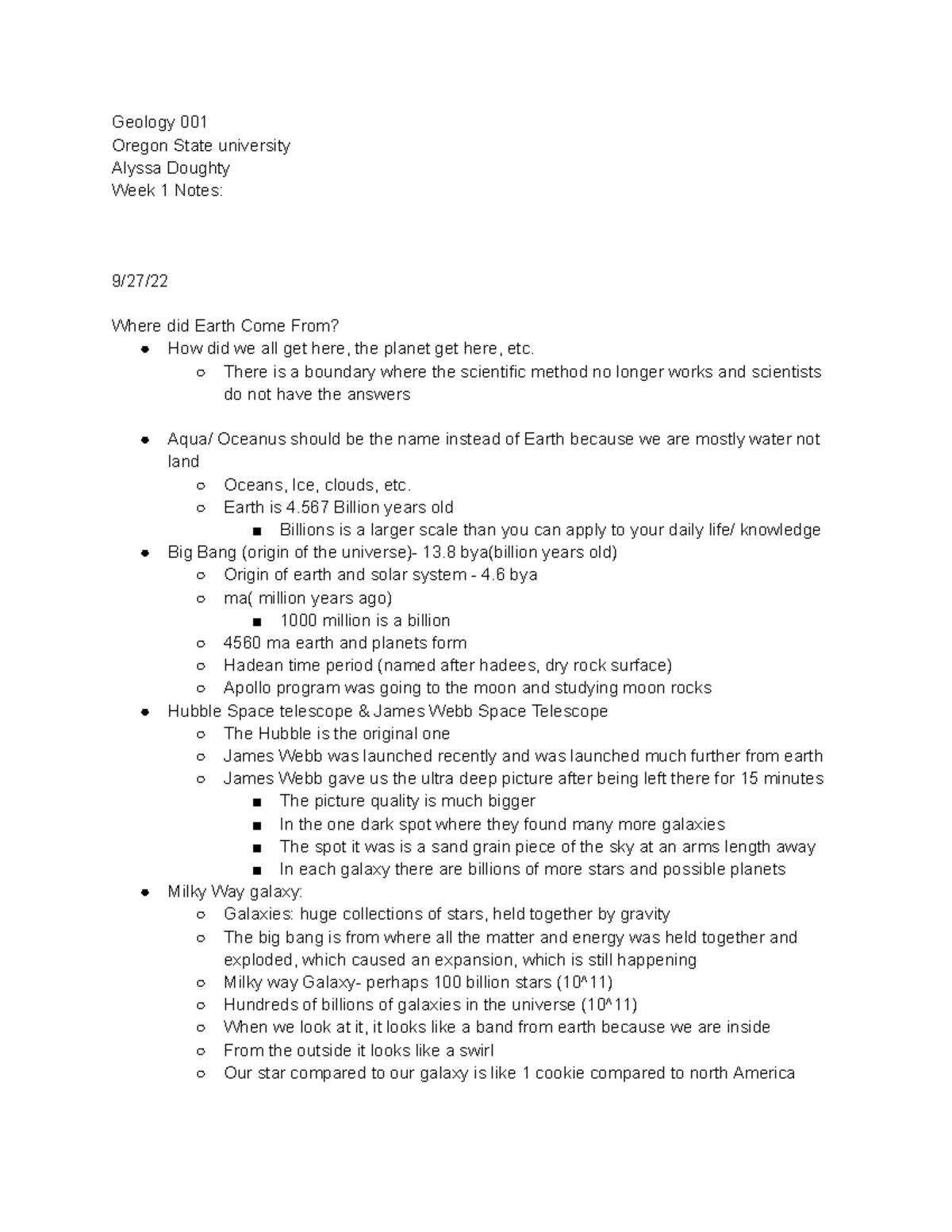 Geology 101 Week 1 Notes Geology 001 Oregon State university Alyssa